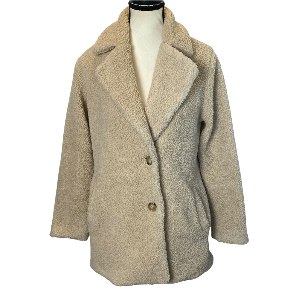Ivy City Co Teddy Sherpa Pea Coat Women's Size XS Cream Collar Pockets Fall Chic
